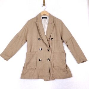 Zara Woman Double Breasted Linen Blend Blazer Tan‎ Beige Size M Minimalist